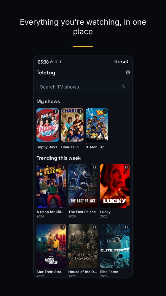 The Teletog home screen showing shows you are watching.
