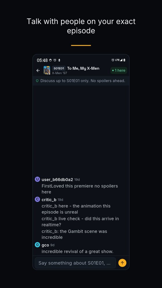 An episode discussion room in Teletog, with a no-spoilers-ahead banner.